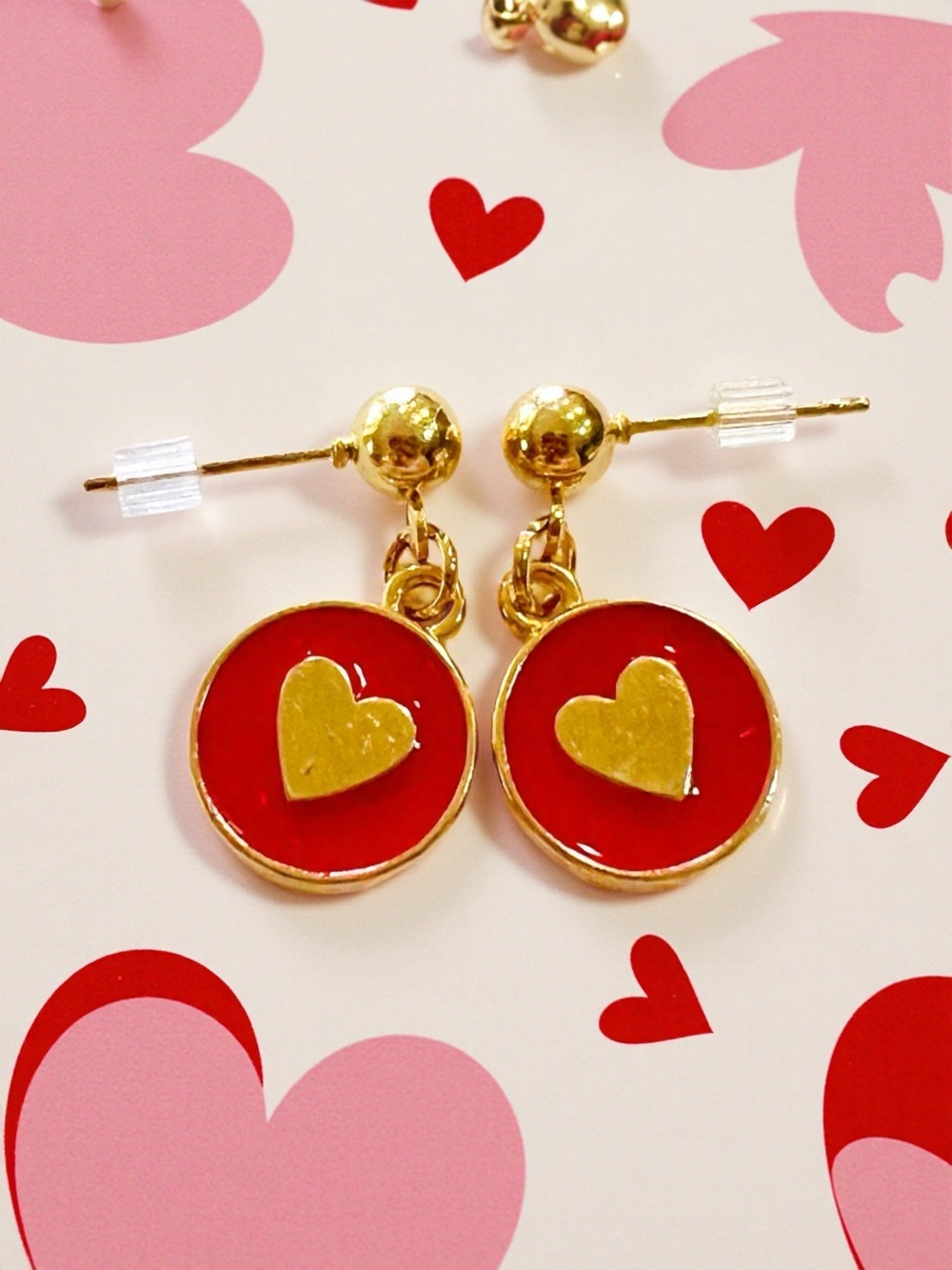 Teeny Tiny Umbrella Gold-Tone Red Hearts and Hearts Drop Earring Set of 3 - Picture 4 of 16